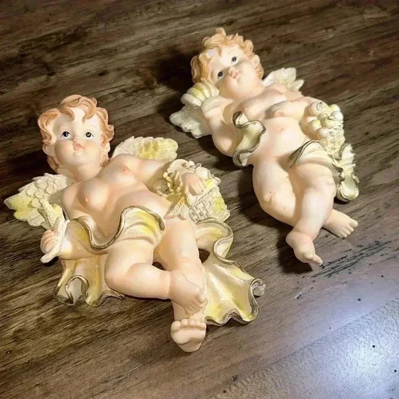 Angels Set of 2 Cherub Resin VINTAGE Wall Hanging Home Accent Decor Plaques - Picture 4 of 16